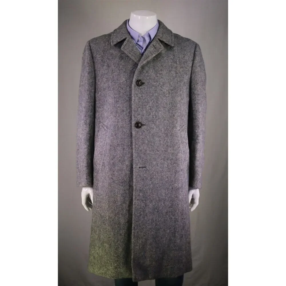 Aquascutum 1980's Blue-Gray Herringbone Tweed Heavy Full Length Overcoat 42R - Picture 1 of 9